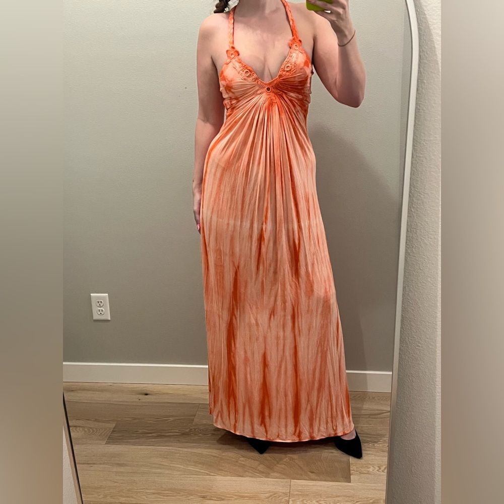 NWT Sky Brand Orange Tie Dye Braided Halter Maxi Dress XS